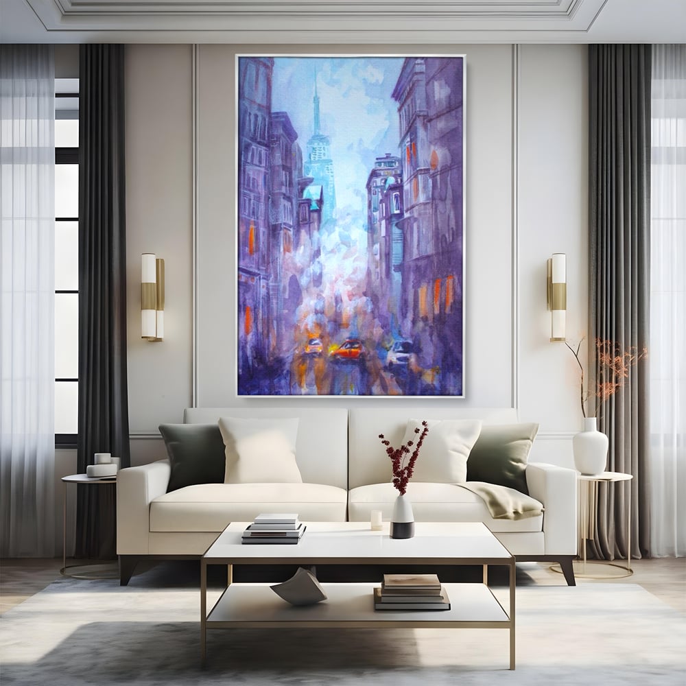 Tablou canvas cu tablou canvas pictura urbana cu masina portocaliu, in rama de aluminiu argintiu, pe perete intr-un living